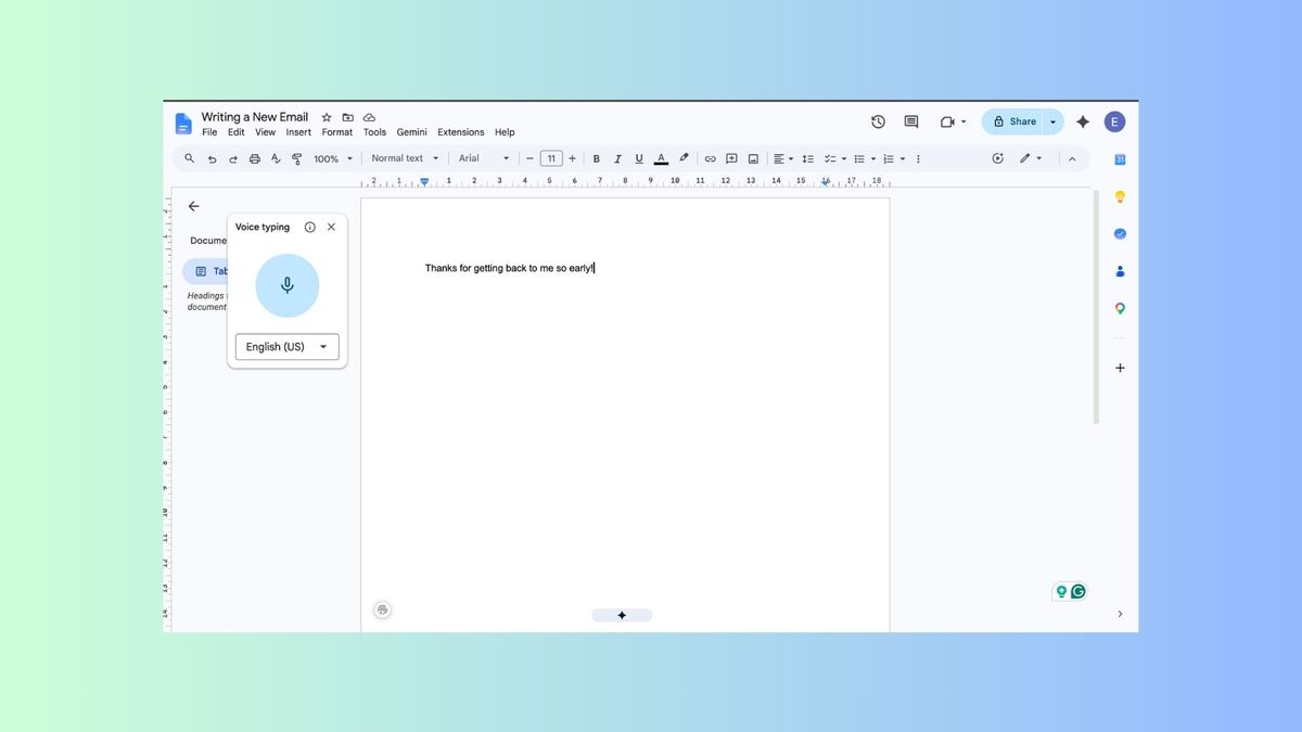 Giao diện Google Docs Live với tính năng Voice Typing