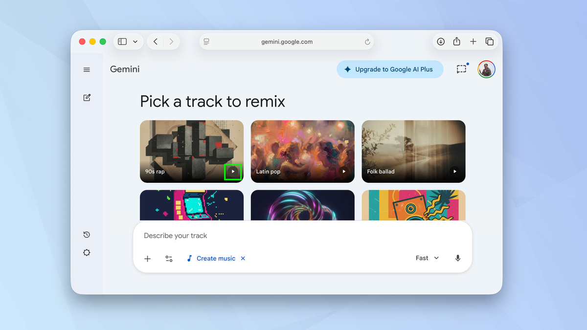 Giao diện Gemini với menu Tools và tùy chọn Create Music