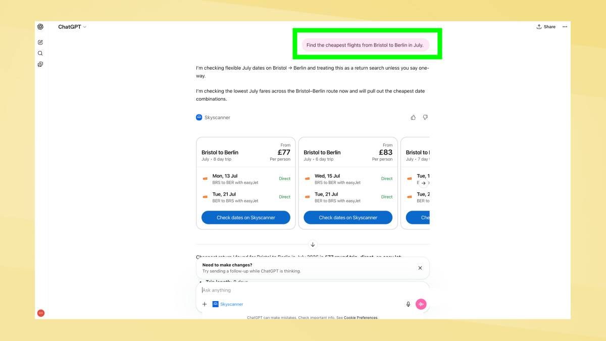 Ví dụ prompt tìm chuyến bay trong ChatGPT